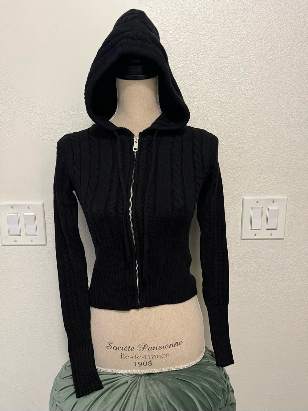 Harper Black Hooded Cable-Knit Zip Cardigan